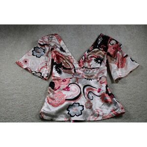 Jane Norman Womens M Pink Black Floral V Neck Babydoll Satin Blouse Flare Sleeve